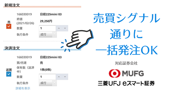 売買シグナル通りに一括発注OK。対応証券会社、auカブコム証券。
